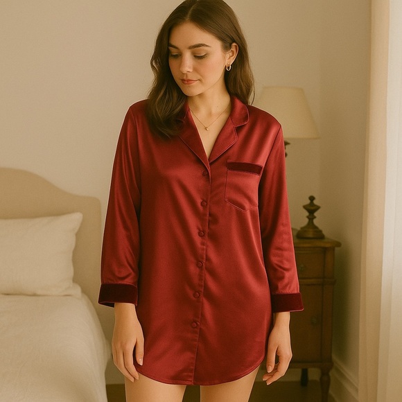 Vintage Satin Velvet Trim Pyjama Shirt Dress S Ruby - Picture 1 of 15